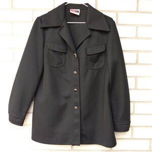 Vintage 70s Black Polyester Shirt Jacket Wide Butterfly Collar 40.5" Bust Retro